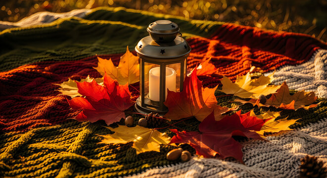 Autumnal still life lantern with fall leaves and cozy knit blanket