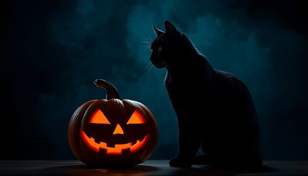 A sleek black cat sits regally beside a glowing, carved jack-o'-lantern against a moody, smoky dark blue background, creating a classic Halloween atmosphere.