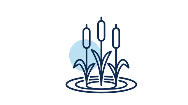 Minimalist vector illustration featuring aquatic cattail plants with dark blue outline and soft circular background