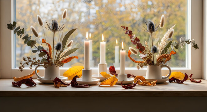 Autumnal still life with candles and dried flowers on windowsill