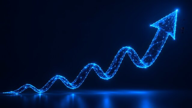 Glowing blue wireframe arrow spiraling upwards in a volatile zig-zag pattern symbolizing complex stock market growth and economic recovery