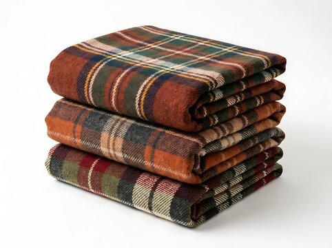 A stack of three folded plaid wool blankets with warm autumn colors and textured fabric patterns, isolated on white background