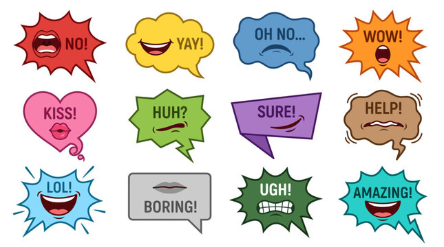 Comic speech bubbles with mouth expressions, set of 12 colorful pop art chat clouds, emotional cartoon dialogue balloons for social media
