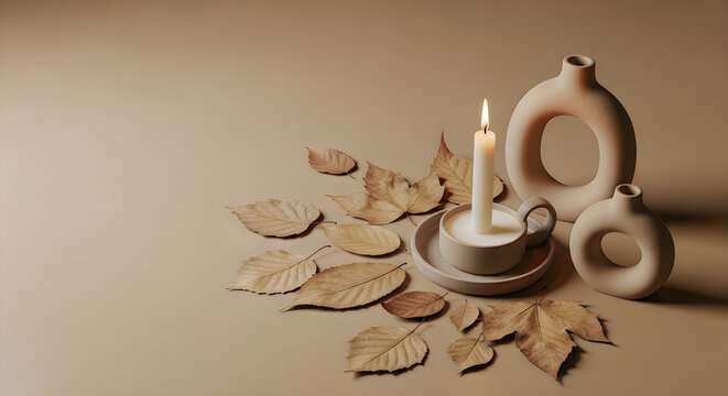 Autumn still life ceramic vases burning candle and dried leaves arrangement