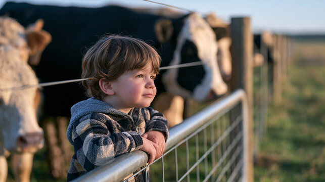 Young child watching cattle ranching roundup from fence rail on rain soaked paddock edge, low angle child eye level view of hooves and muddy boots moving past, grid dot fence wire