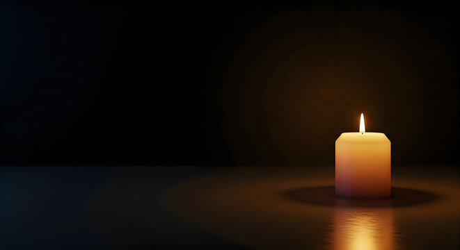 Illuminated pillar candle in darkness warm glow dramatic lighting