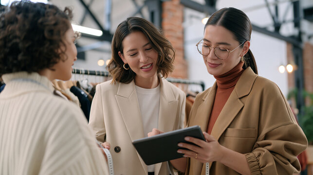 A personal stylist works in an industrial loft space, fitting a client before a rack of garments while referencing a tablet, the process of wardrobe curation captured mid-action