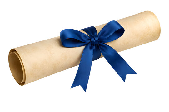 Elegant blue ribbon tied around a rolled paper scroll isolated on white background