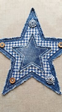 Handmade fabric star ornament made of denim and blue gingham checkered cloth with decorative wooden buttons and yoyo fabric embellishments on textured background