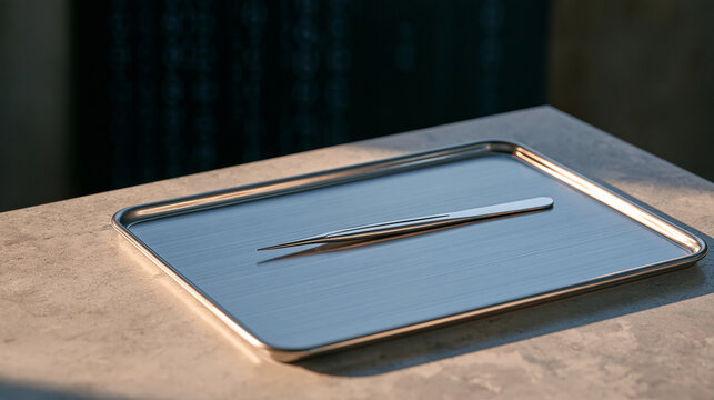 Dermatology clinic tray with single sterile treatment tool against industrial concrete background, extreme close up of medical instrument on brushed surface, binary code data
