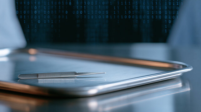 Dermatology clinic tray with single sterile treatment tool against industrial concrete background, extreme close up of medical instrument on brushed surface, binary code data