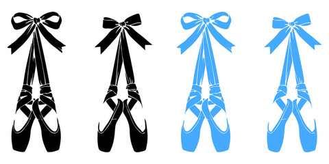 Two pairs of black and two pairs of blue ballet pointe shoes with bows on white background © MOHAMMADTORIQUL