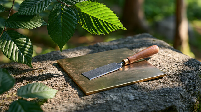 A steel engraving burin rests on a freshly incised brass plate in dappled natural forest light, the solitary close detail of the tool and metal surface surrounded by woodland