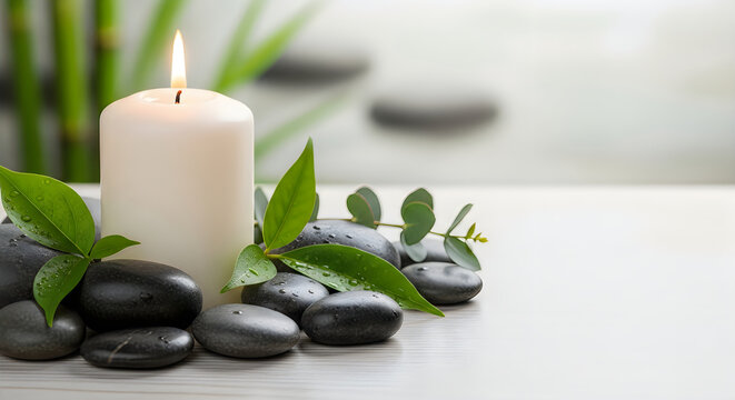 Zen spa scene with lit candle river stones and eucalyptus foliage