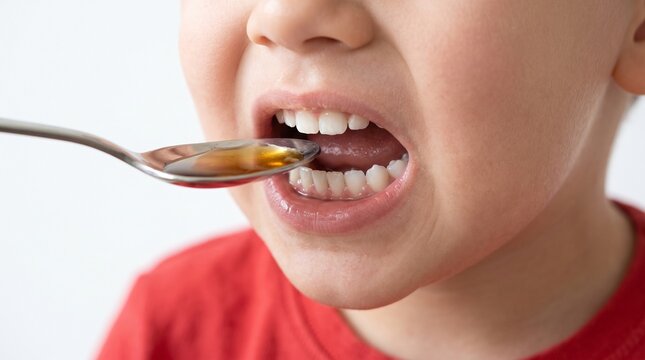 Spoon feeding medicine syrup to sick child open mouth for healthcare dose