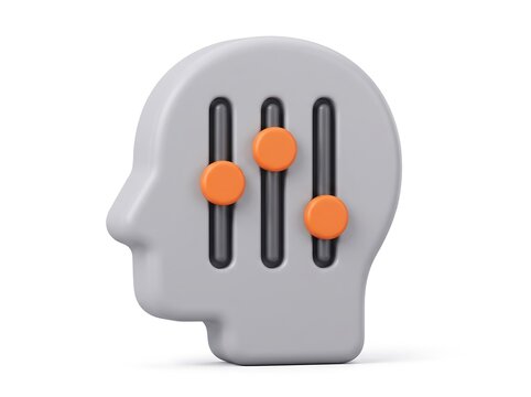 Grey 3D human head profile with orange equalizer sliders inside audio sliders mind control brain settings