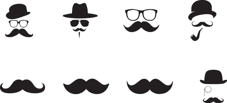 Vintage gentleman accessories set, black mustache and hat icons, retro hipster barber shop vector elements for party props
