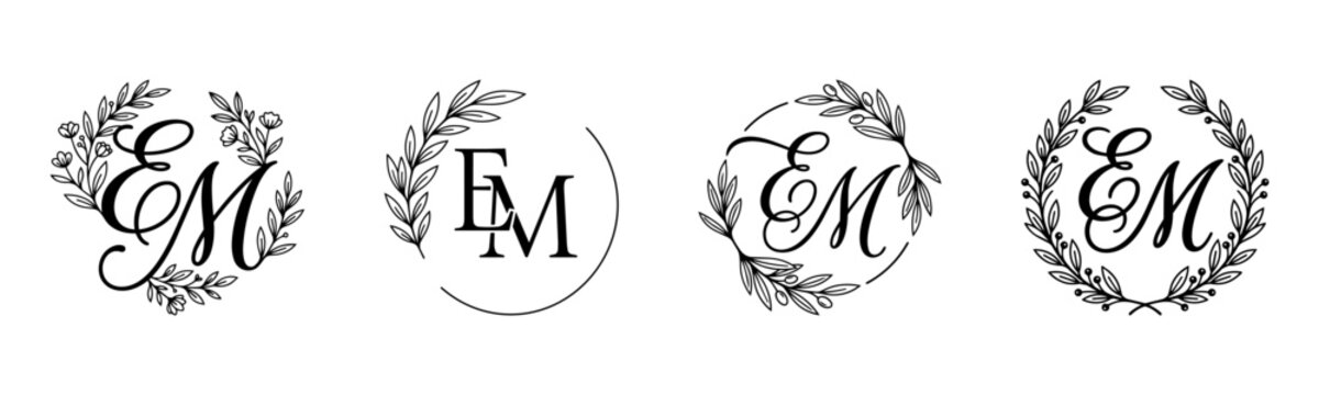 Floral EM monogram logo set, elegant botanical letter initial wreaths vector design
