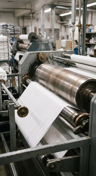 Close view of a commercial flatwork ironer feeding a wide white sheet through polished steel rollers, with moving linen, mechanical guides, heavy frame.