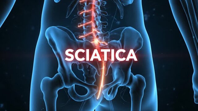 Human lumbar spine pain visualization with glowing red inflammation in the lower back area.