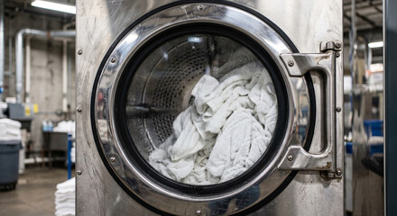 Fototapeta premium Open stainless industrial washing machine filled with white towels viewed through a circular glass door, with front-facing drum, heavy metal hinge, wet textile load.