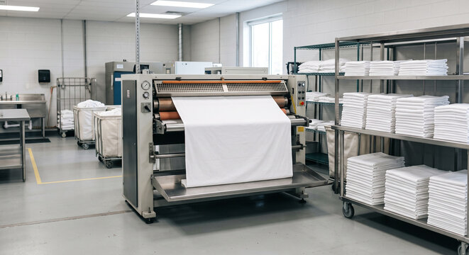 Commercial flatwork ironer feeding a wide white sheet beside storage racks of folded linens, with large rollers, clean production floor, laundry carts.