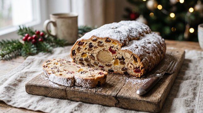 Traditional Christmas stollen cake with fruits and nuts on a wooden board