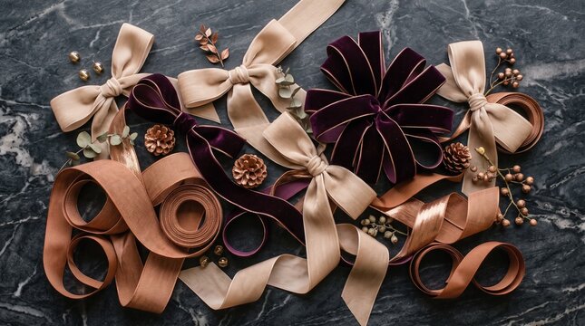 Elegant holiday ribbons and bows on dark marble flat lay background