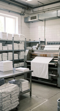 Commercial flatwork ironer processing a white sheet beside tall racks of folded linens, with roller assembly, fabric feed, wire cart.