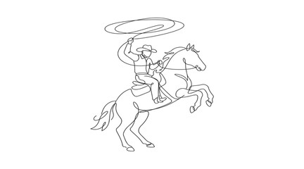 Fototapeta premium Minimalist continuous line drawing of cowboy on horseback with lasso single line wild west black and white
