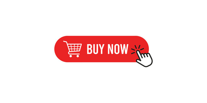 Buy now purchase button with shopping cart icon and clicking hand pointer.