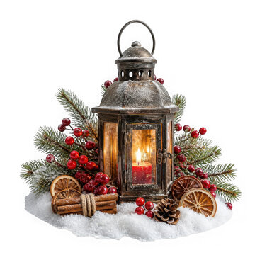 Christmas Still Life with Candle, Festive Holiday Decorations, Christmas Tree Branches, Red and Gold Ornaments, Pine, Gifts and Winter Seasonal Decor