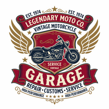 Vintage Motorcycle Garage Emblem with Wings and Banners.