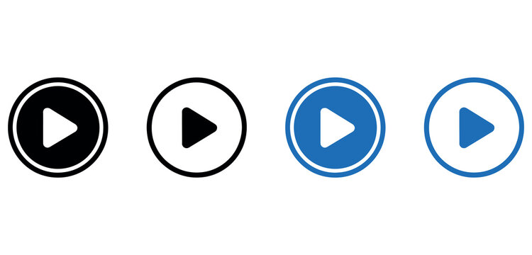 Set of four modern play button icons in black and blue colors for digital user interface design.
