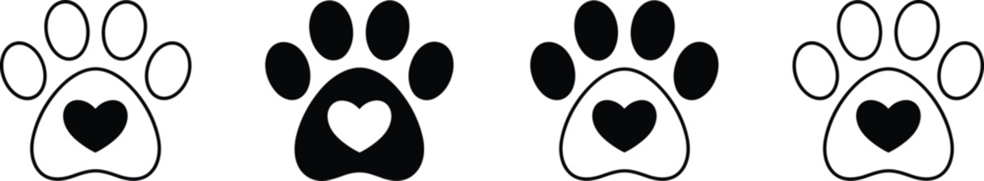 Set of four animal paw prints with heart shapes inside, black silhouettes on a white background, pet love concept, dog or cat tracks