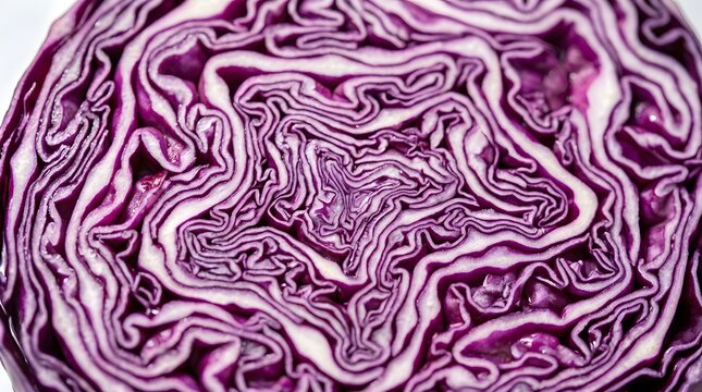 Vibrant red cabbage cross section displays intricate organic patterns with deep violet leaves and stark white veins in macro focus photography