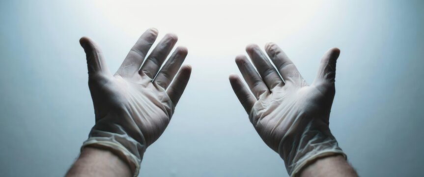 Low angle view of two hands wearing white latex medical gloves