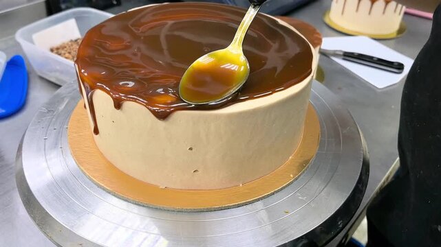 Pastry chef pouring caramel glaze over cream cake with spoon. Confectioner making drip topping on homemade dessert. Bakery kitchen, cake decorating process and pastry craft concept.