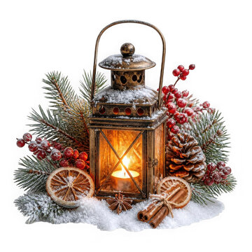 Vintage Christmas lantern with candle, festive winter holiday arrangement on white background