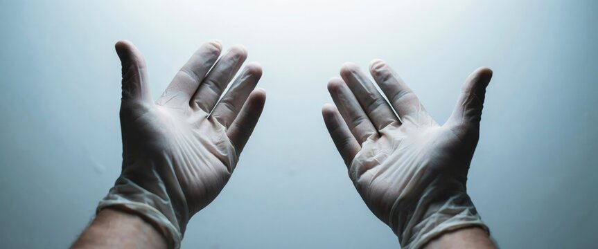 Two hands wearing white latex medical gloves, reaching upwards
