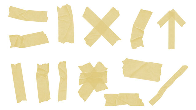 Set of masking tape strips, pieces, and shapes isolated on white background