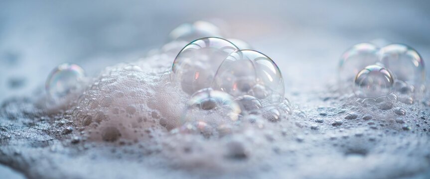 Macro close-up of soap bubbles and white foam on a blue surface