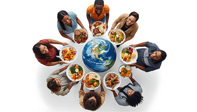 Diverse group of people holding healthy food plates surrounding earth world globe.