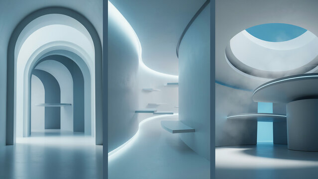 Minimalist blue interior triptych featuring arched passageways and floating shelf structures