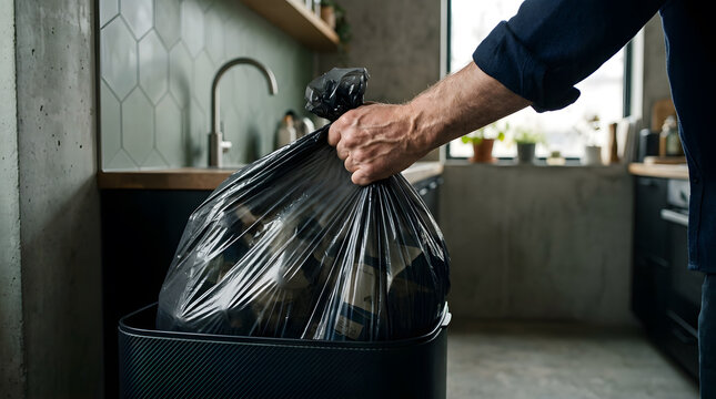 man lifting heavy black trash bag in kitchen | taking out the garbage from indoor bin | household waste management and home cleanup | person doing domestic chores in modern apartment