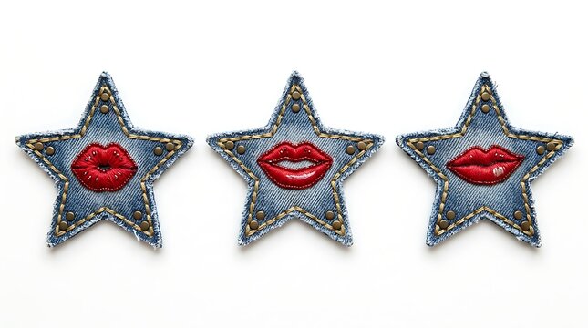 Three denim star patches with embroidered red lips isolated on white background