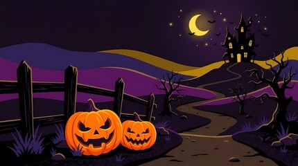 Fototapeta premium Spooky halloween night scene with jack o lanterns and a haunted house under a full moon