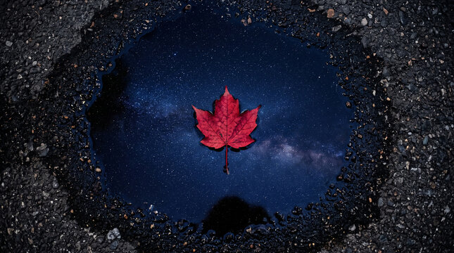 Single red maple leaf floating in a puddle reflecting the starry night sky and galaxy.