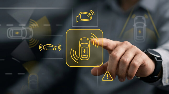 Advanced Driver Assistance Systems Interface with Man Touching Smart Car Safety Sensors Icon on Futuristic Digital Dashboard Display Technology