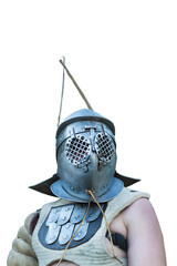 Obraz premium A close-up shot shows a gladiator wearing a metal helmet